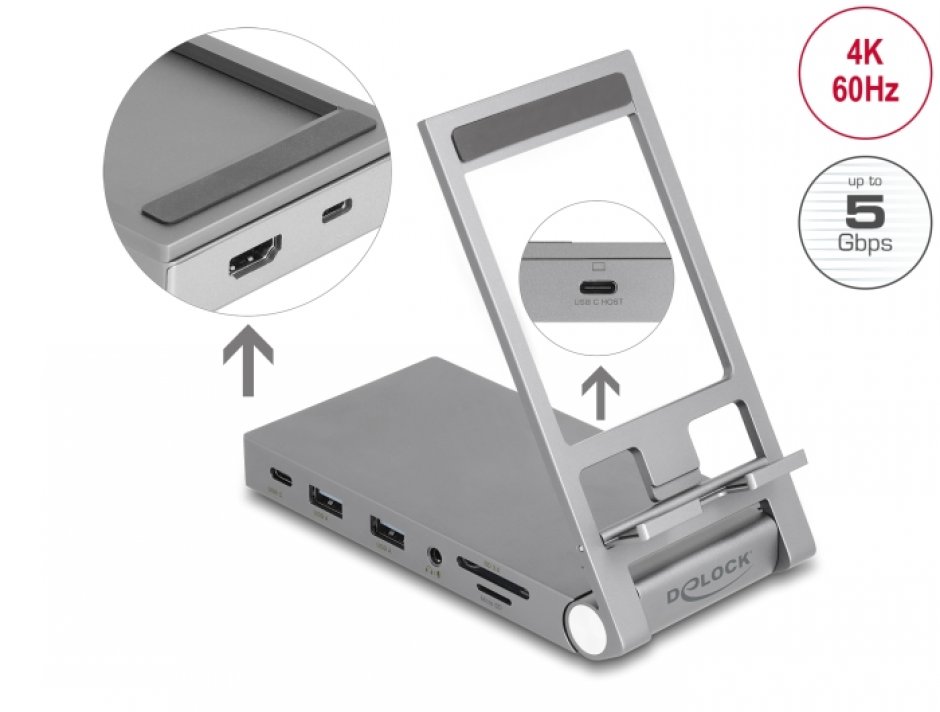 Imagine Docking station USB type C la HDMI/USB/Hub/ SD+Micro SD PD 3.0 60W + stand, Delock 88199